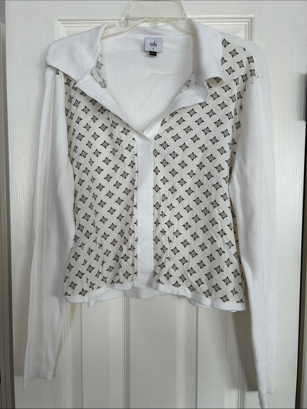 CAbi White Button-Front Long Sleeve Top with Black Geo Print